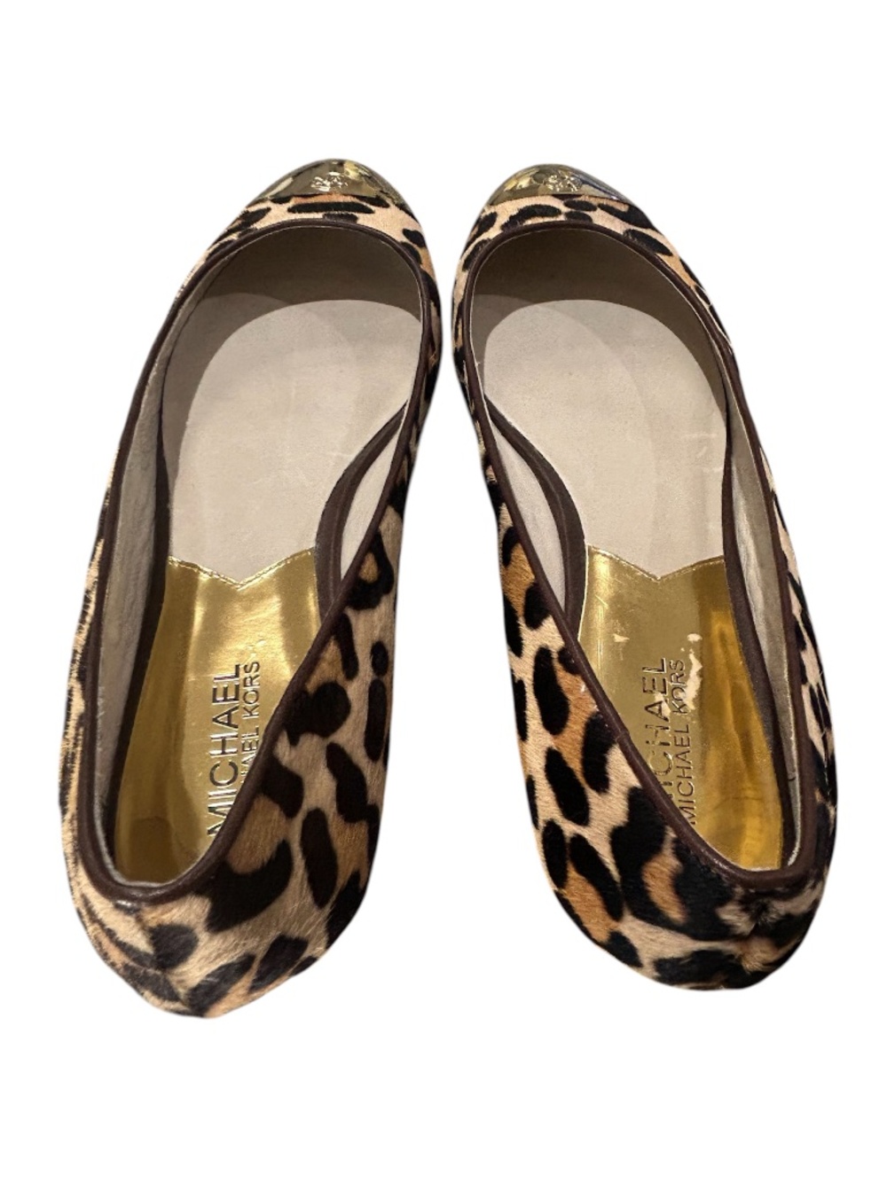 Michael Kors Leopard Print Ballet Flats Sz 10 M Round-toe Gold Tone MK Hardware - Picture 8 of 11